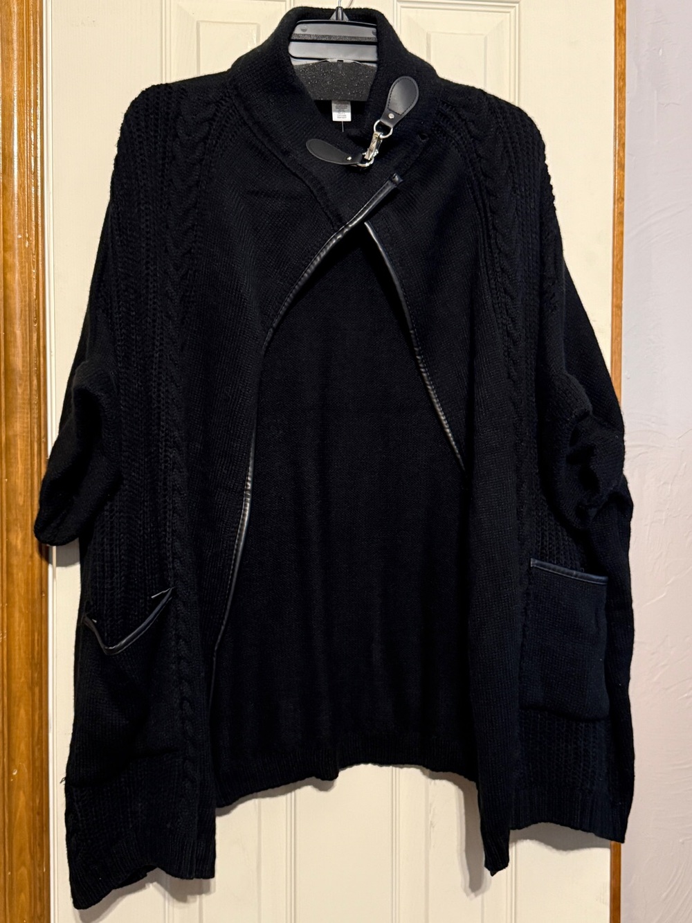 LC Lauren Conrad Black Knit Clip-Front Cardigan with Leather Trim